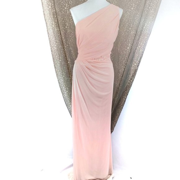 DAVID'S BRIDAL One Shoulder Mesh and Lace Petal Pink Party Bridal Maxi Dress 20 - Picture 2 of 9